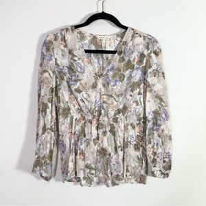 Rebecca Taylor Pastel Floral Silk Cotton Long Sleeve V-Neck Top